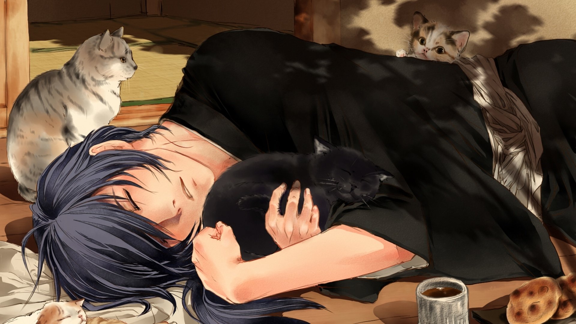 HD PC desktop wallpaper background: anime (Hakuouki Shinsengumi Kitan) scene of a dark-haired character sleeping, cradling a black anime cat while other cats lounge in warm light.
