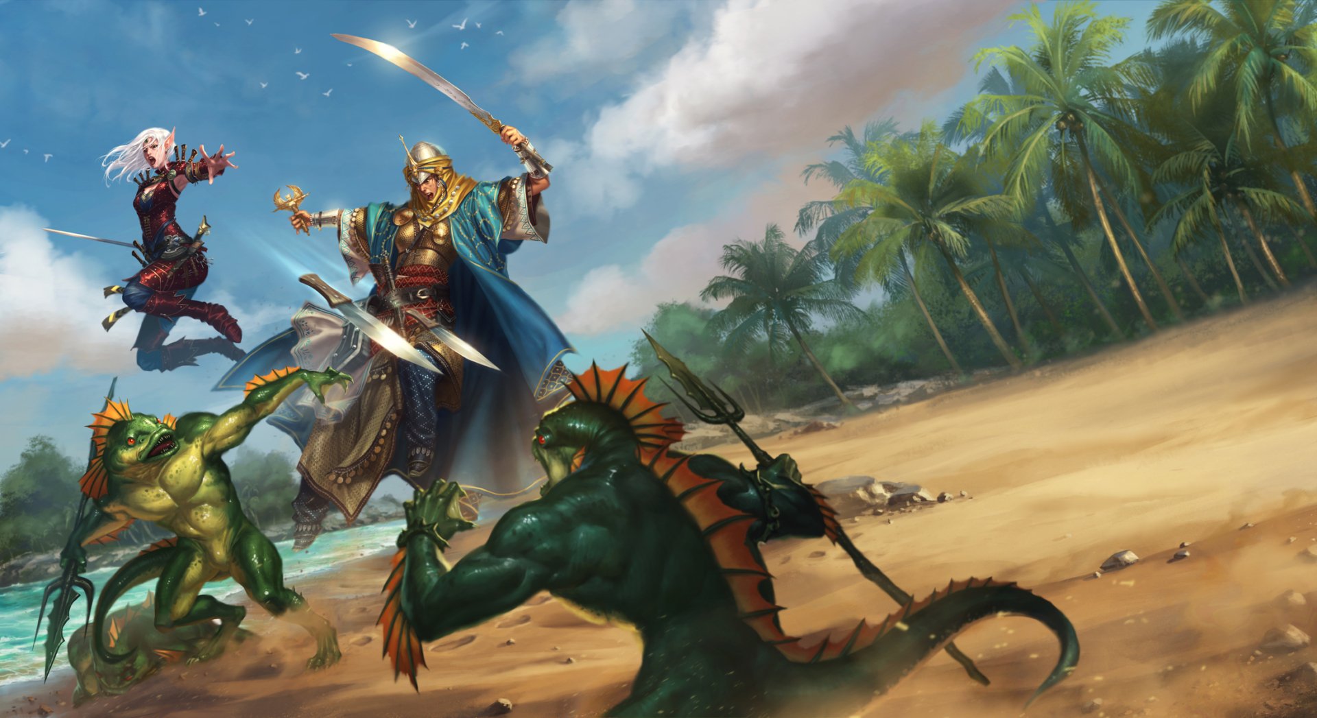 A fantasy HD desktop wallpaper depicting a white-haired woman warrior with pointed ears wielding a sword and trident, battling creatures on a palm tree-lined sandy beach.