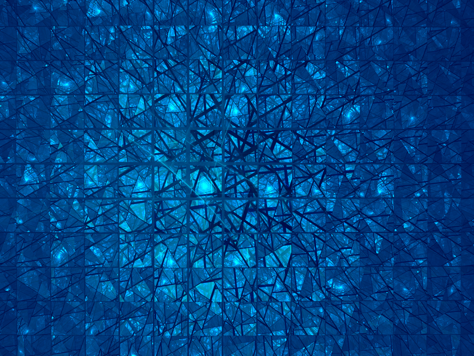 Abstract HD desktop wallpaper featuring a fractal blue glass pattern with geometric triangles and cracks, created using Apophysis software.