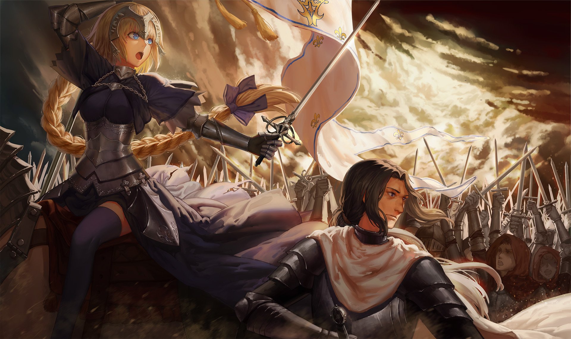 HD anime wallpaper of Jeanne d'Arc (Ruler) and Caster — blonde, long-haired armored knight with blue eyes and flag, and dark-haired swordfighter on a smoky battlefield (Fate/Zero, Apocrypha, FGO)