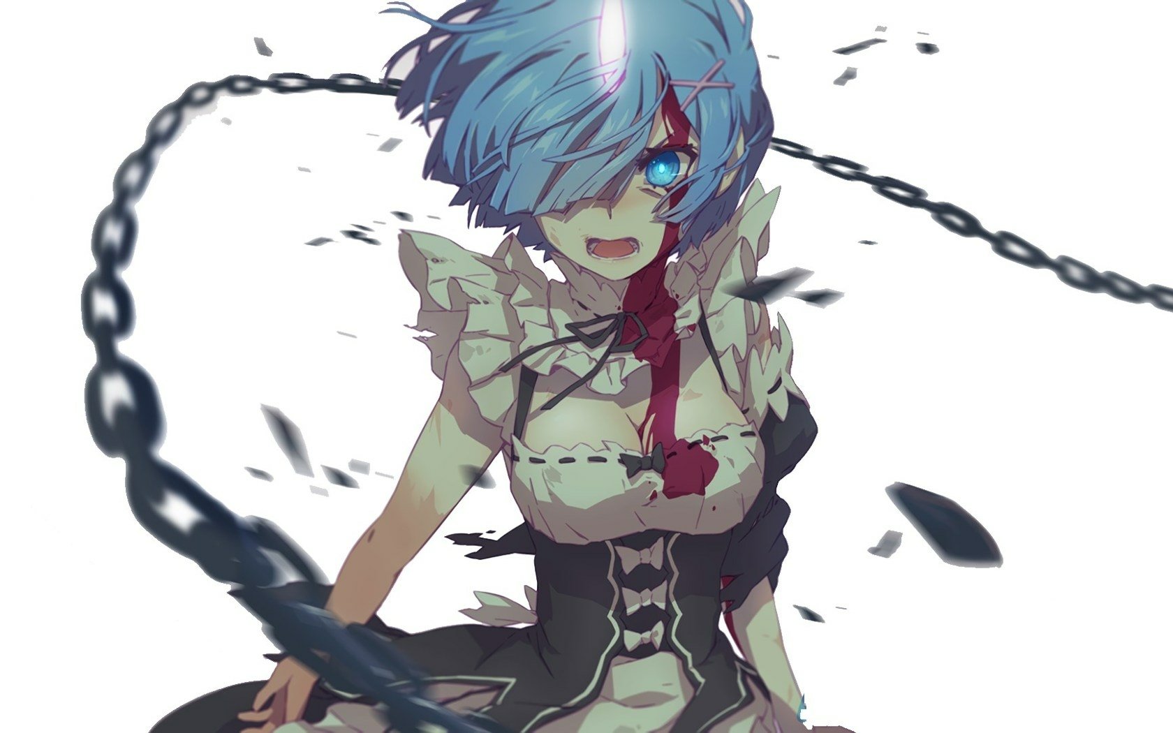 HD desktop wallpaper featuring Rem from Re:ZERO - Starting Life in Another World. Rem is kneeling with a determined expression, adorned in her maid outfit, with chains and debris surrounding her.