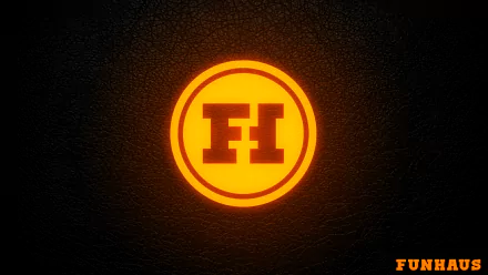 HD PC desktop wallpaper featuring the glowing orange Funhaus logo on a dark textured background, representing the YouTube technology and entertainment brand Funhaus.