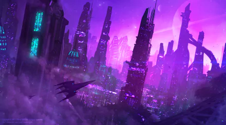 A futuristic sci-fi cityscape in HD with towering skyscrapers and a purple atmosphere. A sleek vehicle flies through the neon-lit buildings, creating a captivating sci-fi desktop wallpaper background.