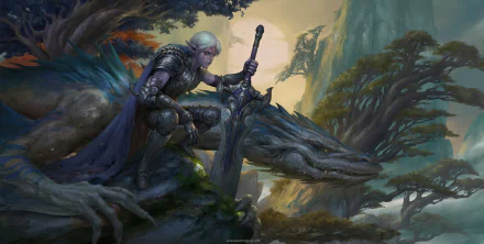 A white-haired elf warrior in armor grips a sword beside a dragon in a misty, fantasy forest landscape.