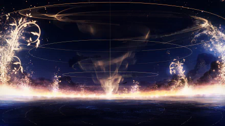 HD anime original wallpaper featuring a mesmerizing night scene with swirling light patterns and ethereal glowing shapes against a dark backdrop, creating a stunning visual composition.