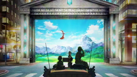 Anime Gate (2015) HD PC desktop wallpaper and background: soldiers in an armored vehicle look through a city gate onto a verdant fantasy landscape with mountains and a flying dragon.