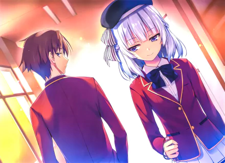 HD desktop wallpaper featuring Kiyotaka Ayanokōji and Arisu Sakayanagi from the anime Classroom of the Elite. The characters are in a well-lit classroom, with Kiyotaka facing away and Arisu looking forward.