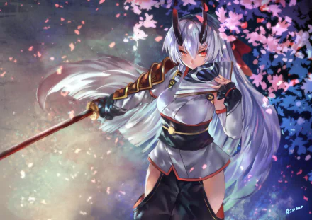 HD desktop wallpaper featuring Tomoe Gozen from Fate/Grand Order. This anime artwork showcases the character equipped with a katana, amidst a backdrop of pink cherry blossoms and dynamic lighting.