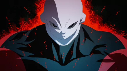 HD desktop wallpaper of Jiren from Dragon Ball Super, featuring an intense, battle-ready stance amidst a fiery red and dark background.
