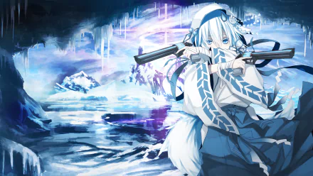 An HD desktop wallpaper and background featuring an original anime character with blue hair, holding two guns amidst a mystical icy landscape with mountains and frozen water.