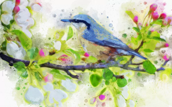 Watercolor illustration of a nuthatch perched on a branch, surrounded by vibrant blossoms and greenery. This HD desktop wallpaper and background exudes a peaceful natural setting.