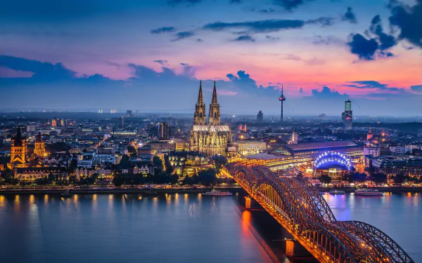 Hohenzollern Bridge building cityscape bridge light Cologne Cathedral Germany city man made Cologne HD Desktop Wallpaper | Background Image