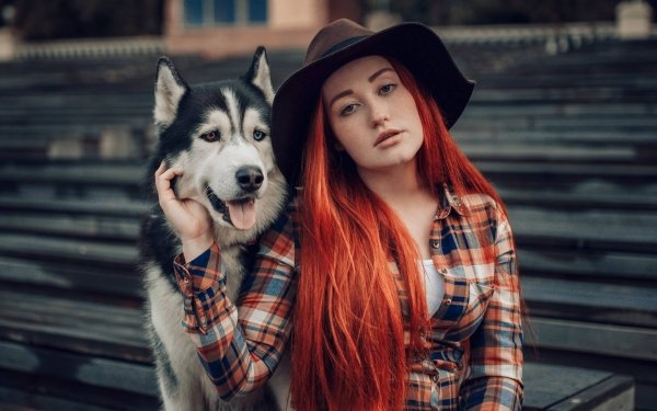 Women Model Redhead Long Hair Hat Blue Eyes Depth Of Field Dog Husky Heterochromia HD Wallpaper | Background Image