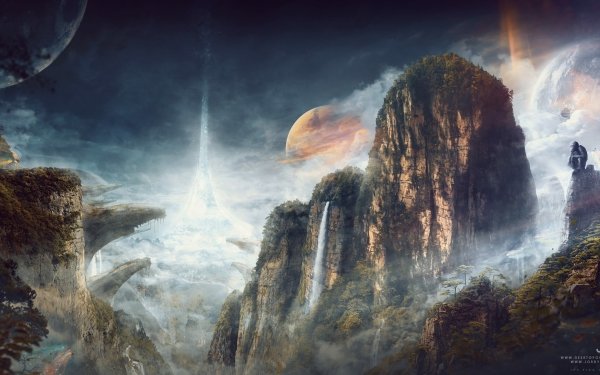 Artistic Desktopography Sci Fi Fantasy Landscape Planet Gorilla Monkey Cliff Waterfall Mountain HD Wallpaper | Background Image