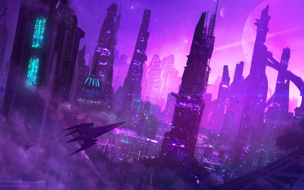 Sci Fi City Purple Futuristic Building Skyscraper Vehicle HD Wallpaper | Background Image
