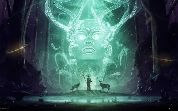 A mystical shaman evokes a glowing deer spirit in a dark forest at night, surrounded by wolves, blending magic and fantasy in this HD desktop wallpaper.
