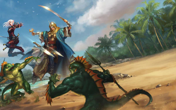 A fantasy HD desktop wallpaper depicting a white-haired woman warrior with pointed ears wielding a sword and trident, battling creatures on a palm tree-lined sandy beach.