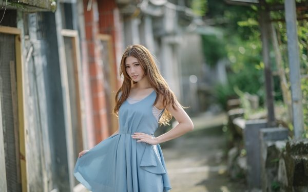 Women Asian Model Brunette Brown Eyes Smile Depth Of Field Blue Dress Long Hair HD Wallpaper | Background Image