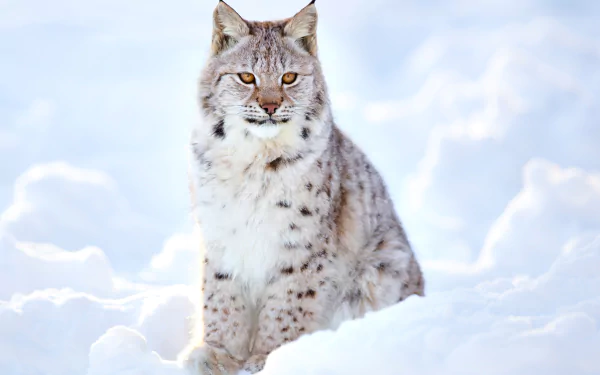 A high-definition wallpaper featuring a lynx sitting in the snow, set against a bright, wintry background.