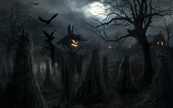 A spooky Halloween night scene with a jack-o'-lantern scarecrow in a dark, eerie field, surrounded by bare trees, ravens, and distant glowing lights. HD desktop wallpaper and background.