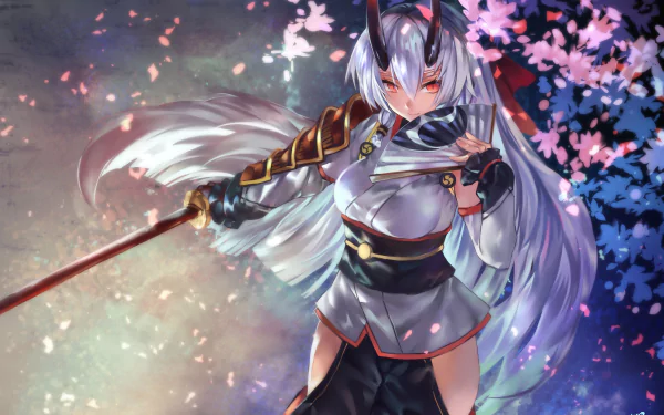 HD desktop wallpaper featuring Tomoe Gozen from Fate/Grand Order. This anime artwork showcases the character equipped with a katana, amidst a backdrop of pink cherry blossoms and dynamic lighting.