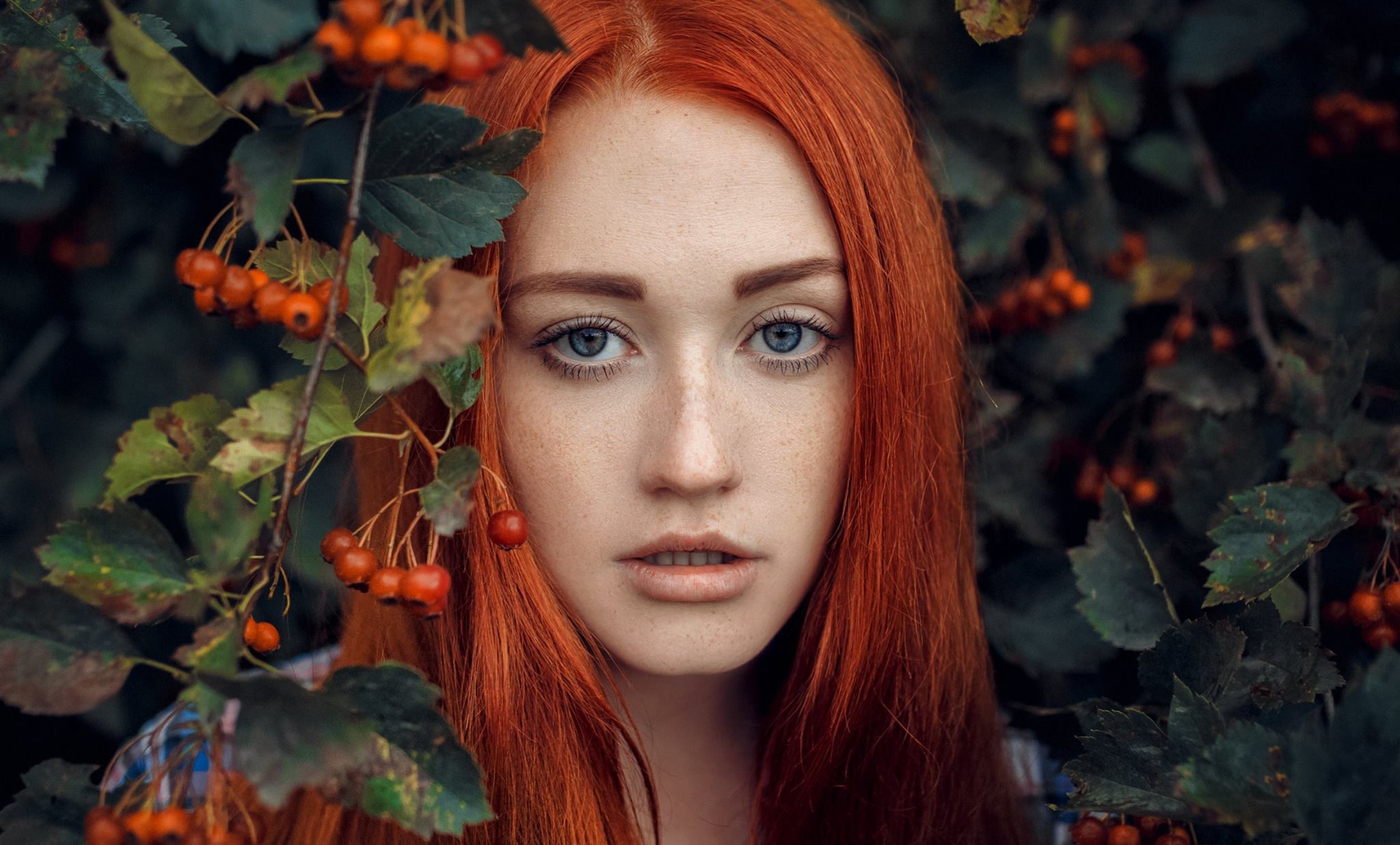 Download Blue Eyes Berry Freckles Redhead Model Woman Face HD Wallpaper