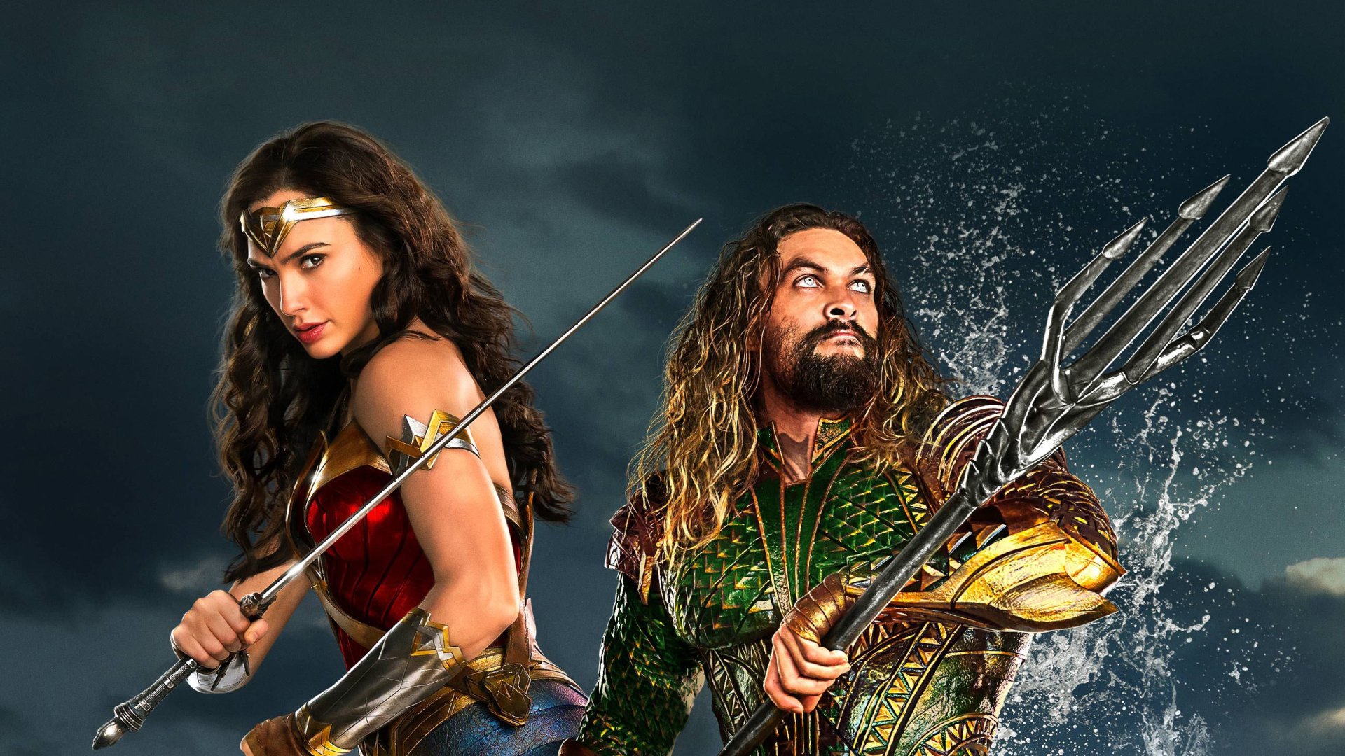 HD PC desktop wallpaper featuring Jason Momoa as Aquaman and Gal Gadot as Wonder Woman from the 2017 DC Comics movie Justice League.