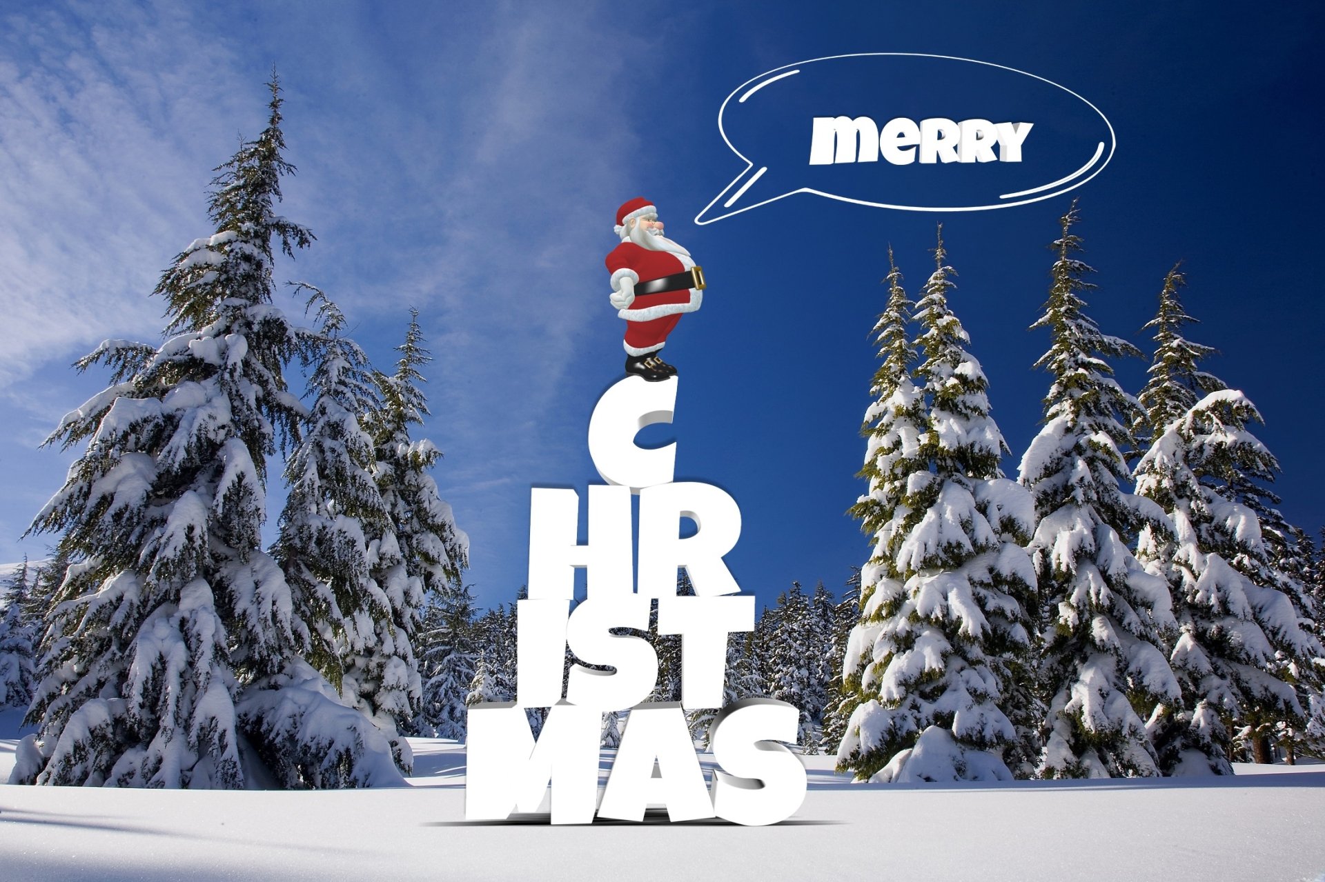 HD desktop wallpaper of a snowy winter scene with tall pine trees and Santa Claus standing on stacked letters spelling CHRISTMAS, saying Merry.