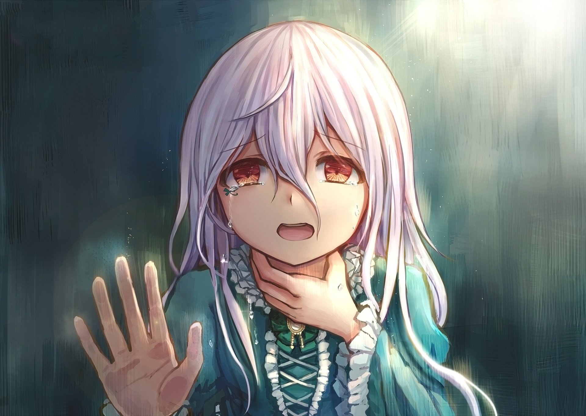 Anime original HD PC desktop wallpaper: pale-haired girl with red eyes, clutching her throat and reaching out, lit by soft, rain-washed light against a moody background.