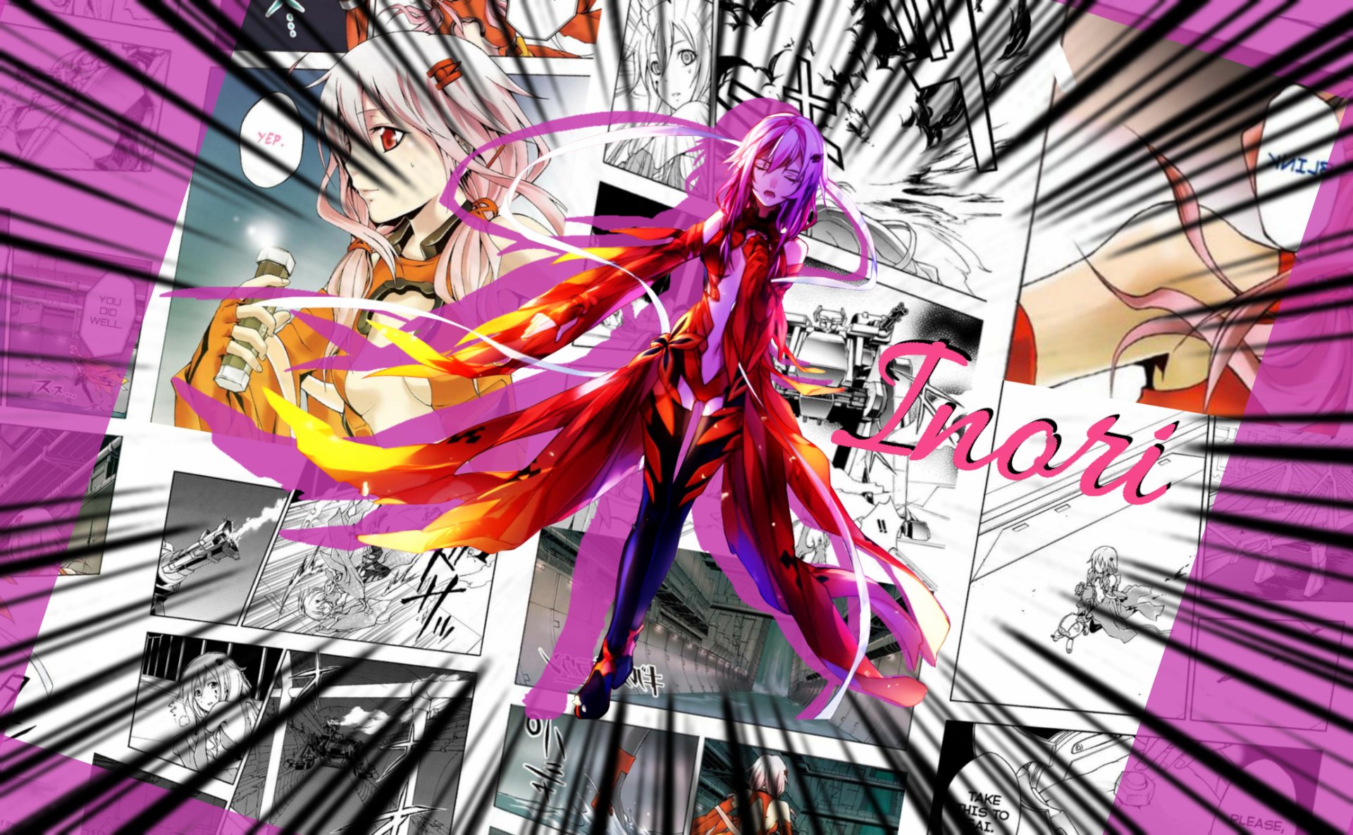 HD PC desktop wallpaper of Inori Yuzuriha (Guilty Crown): pink-haired anime girl in a flowing red outfit over black-and-white manga panels with dynamic radial burst and pink accents.