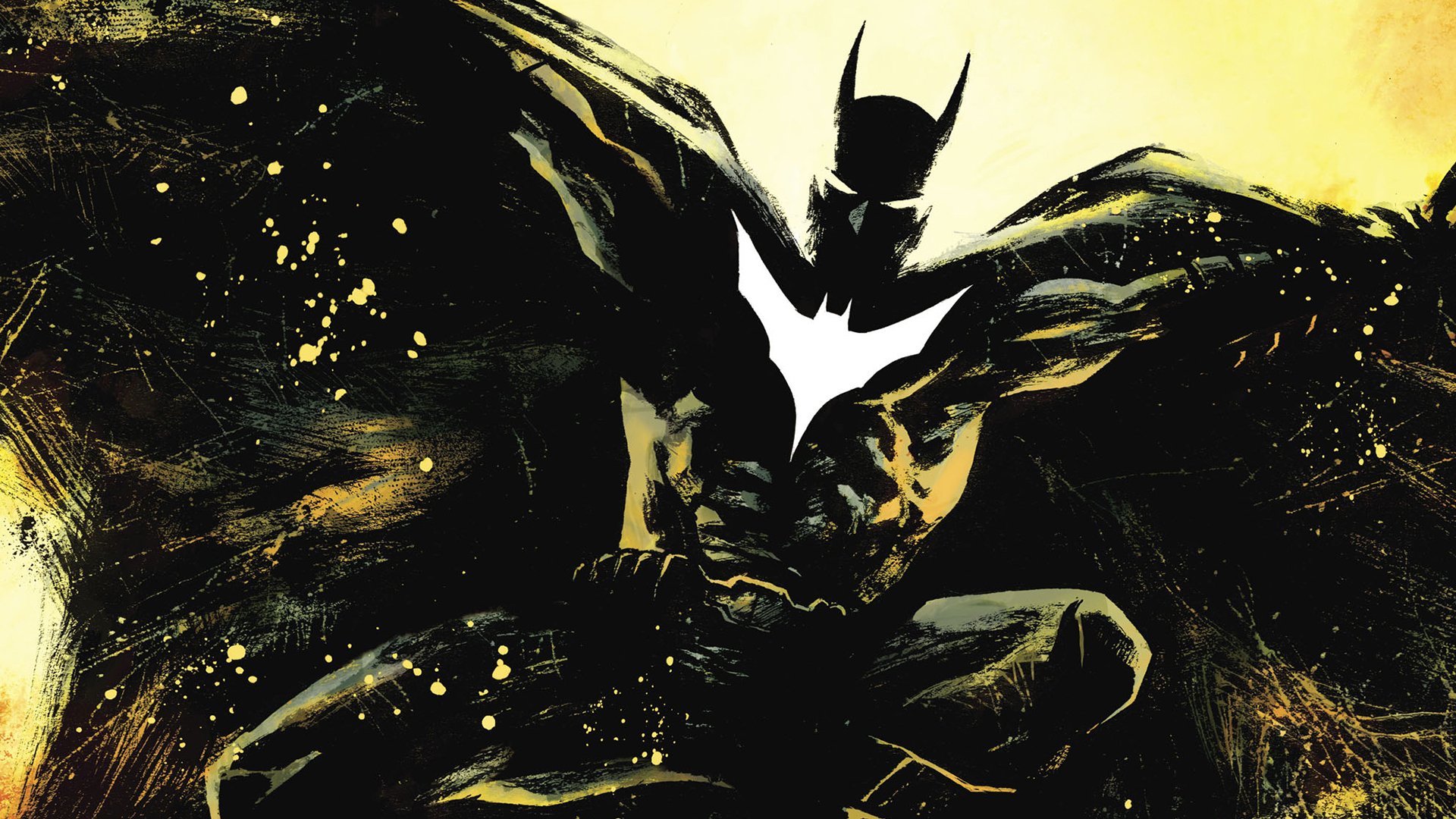 HD desktop wallpaper featuring a dynamic image of Batman from DC Comics, in a dark and intense comic-style illustration with a bold bat emblem on his chest.