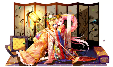 A 4K Ultra HD anime wallpaper featuring Vocaloid characters Uni and SeeU dressed in traditional attire, seated in front of a decorative folding screen with butterflies around.