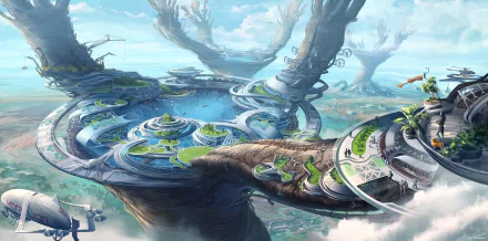 Futuristic solarpunk city with spiraling buildings and lush greenery, set high above the clouds in a vibrant sci-fi landscape, designed as an HD PC desktop wallpaper.