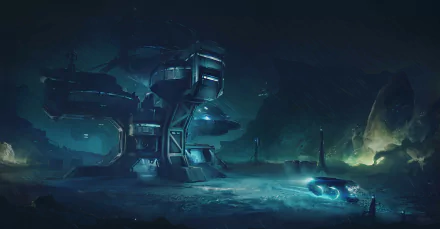 A futuristic sci-fi outpost at night in the rain, featuring a glowing vehicle and a towering building under a dark, moody sky.