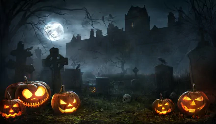 HD desktop wallpaper featuring a spooky night in a cemetery with glowing jack-o'-lanterns, gravestones, and an eerie castle in the background under a full moon. Halloween holiday theme.