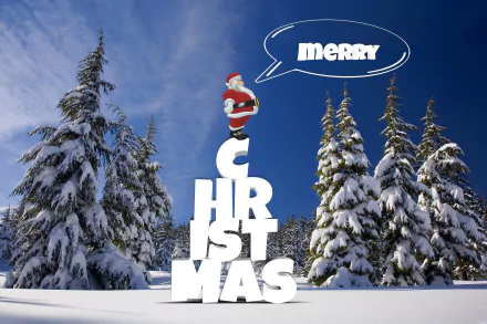 HD desktop wallpaper of a snowy winter scene with tall pine trees and Santa Claus standing on stacked letters spelling CHRISTMAS, saying Merry.
