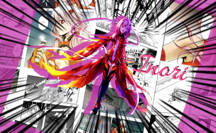 HD PC desktop wallpaper of Inori Yuzuriha (Guilty Crown): pink-haired anime girl in a flowing red outfit over black-and-white manga panels with dynamic radial burst and pink accents.