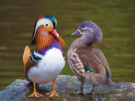 A vibrant couple of mandarin ducks pose together by the water, showcasing their striking colors and unique features, creating a beautiful nature scene for an HD desktop wallpaper.