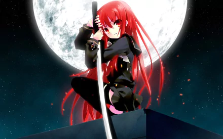 HD anime desktop wallpaper featuring Shana from Shakugan No Shana, posing with her sword against a glowing full moon background.