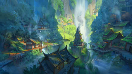 HD fantasy wallpaper showcasing a picturesque scenery with a serene waterfall, majestic mountains, and a mystical city with unique buildings nestled amidst lush greenery.