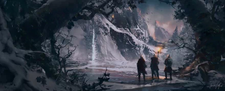 A dark fantasy landscape featuring three travelers with torches standing before towering, snow-covered mountains under a stormy sky, captured in HD for a PC desktop wallpaper.