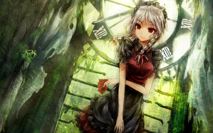 HD anime desktop wallpaper featuring Sakuya Izayoi from Touhou, standing in a mysterious, overgrown clocktower setting with vibrant lighting and detailed artwork.