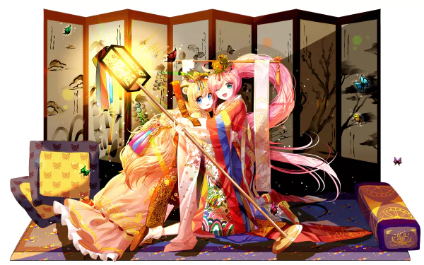 A 4K Ultra HD anime wallpaper featuring Vocaloid characters Uni and SeeU dressed in traditional attire, seated in front of a decorative folding screen with butterflies around.