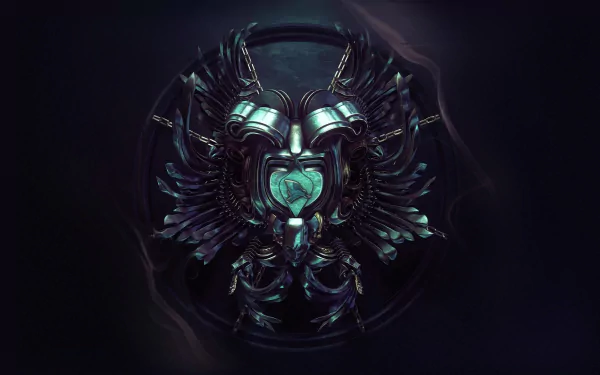 Artistic metal heart design with intricate mechanical wings, rendered in high definition for a striking PC desktop wallpaper background.