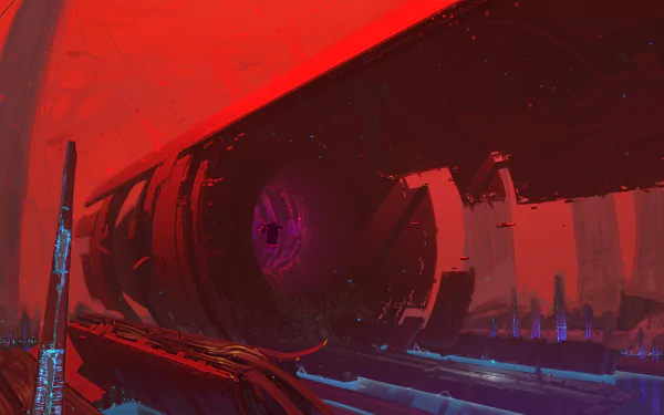 HD desktop wallpaper depicting a sci-fi structure with a red futuristic portal, glowing blue accents, and a dramatic red sky in the background.