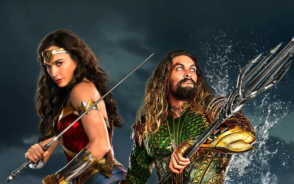 HD PC desktop wallpaper featuring Jason Momoa as Aquaman and Gal Gadot as Wonder Woman from the 2017 DC Comics movie Justice League.