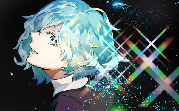 HD PC desktop wallpaper featuring Diamond from the anime Land of the Lustrous with shimmering, crystalline effects and a starry background.