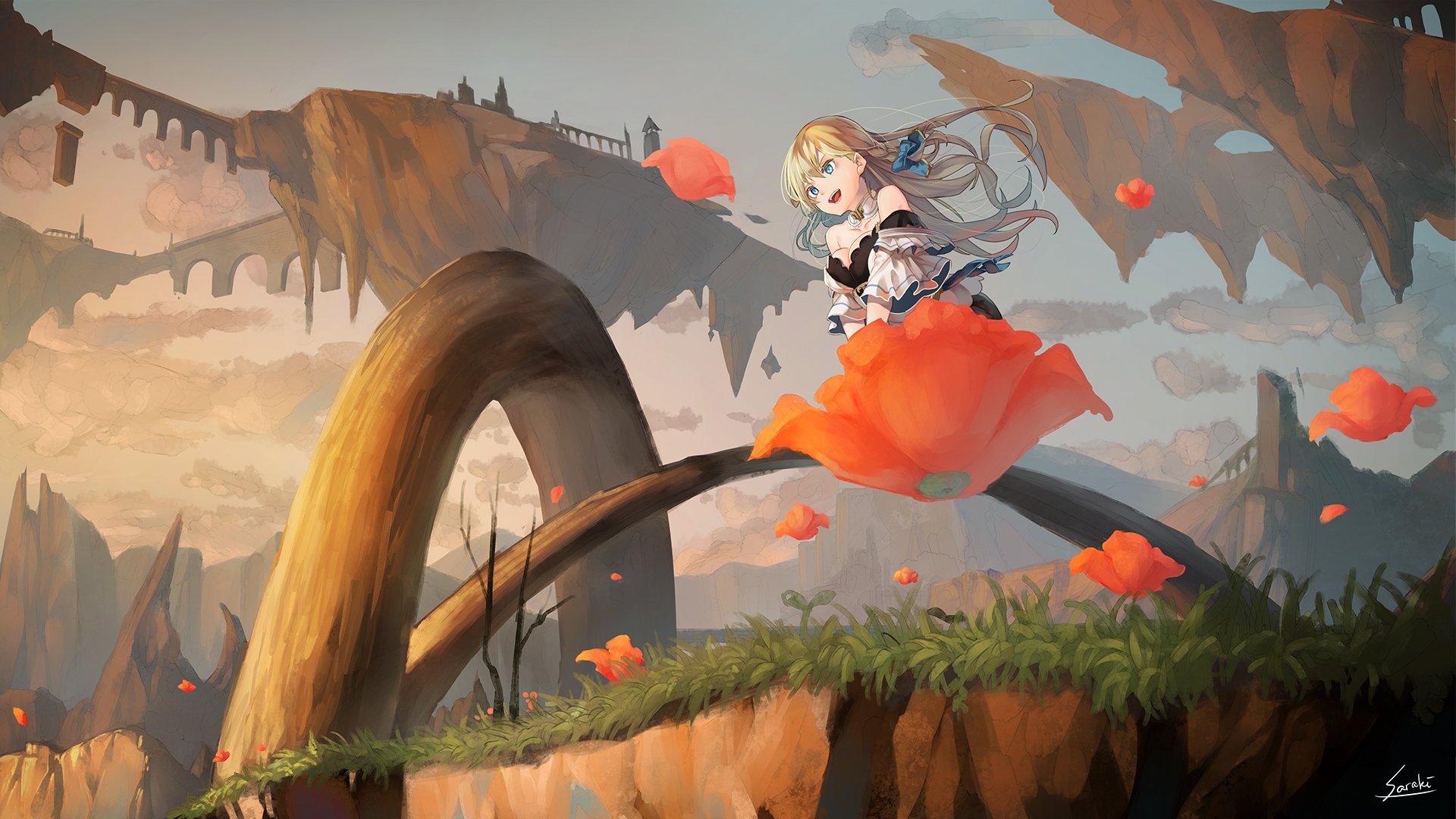 Anime HD desktop wallpaper featuring an original character in a fantasy landscape with floating islands and giant flowers.