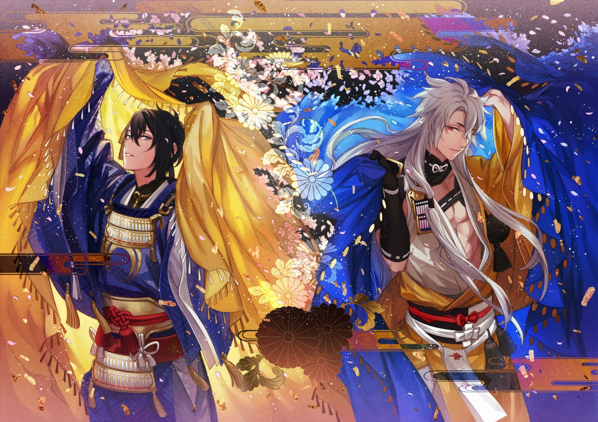 Anime-inspired HD wallpaper featuring characters from Touken Ranbu, showcasing vibrant colors and dynamic poses with flowing fabrics and floral elements.