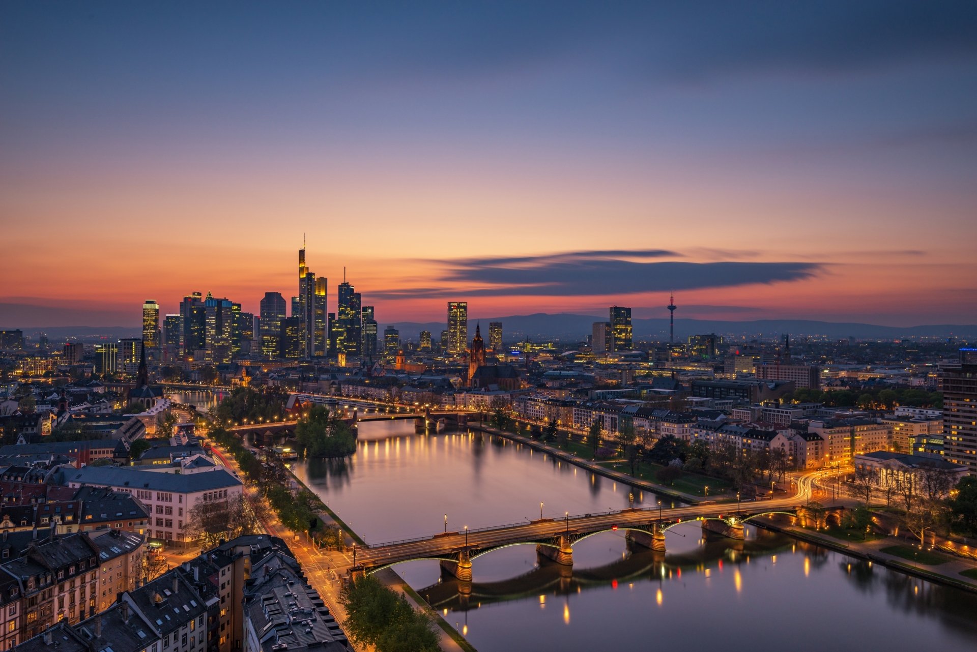 Frankfurt Night Skyline Illuminated Skyscrapers And Riverside Bridges 